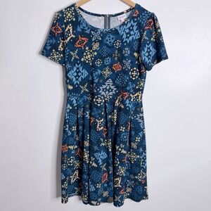 NWOT Lularoe Amelia Fit & Flare Dress XL With Pockets Blue Multicolor Stretch